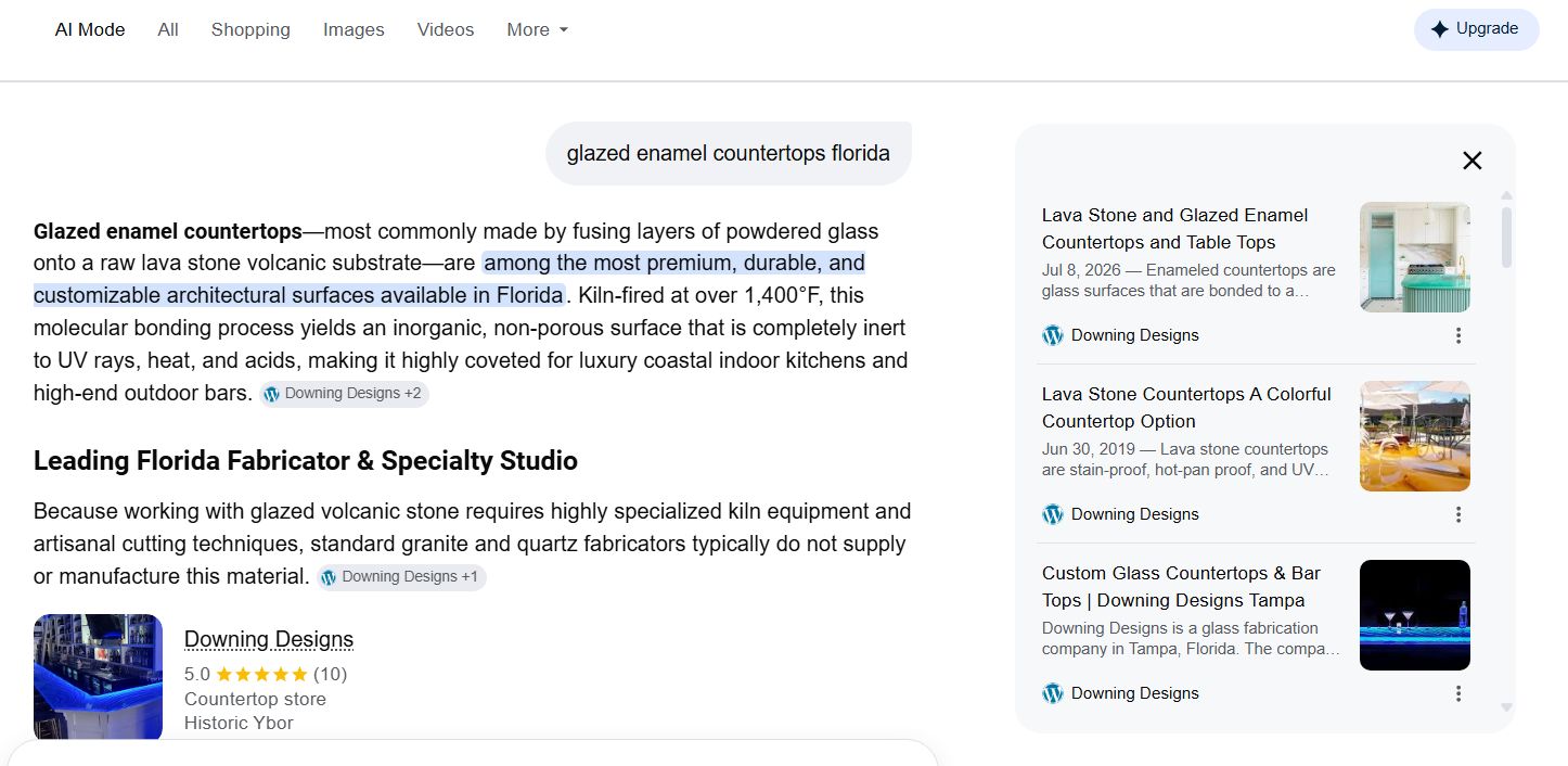 Query: “glazed enamel countertops florida.” Google's AI names the business directly and recommends it by name.